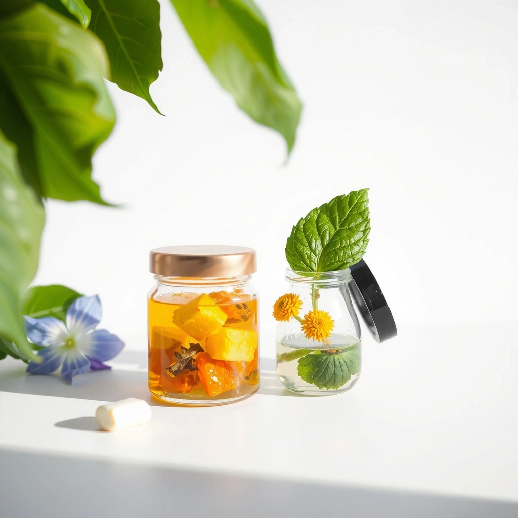Artistic arrangement of premium botanical extracts and natural skincare ingredients