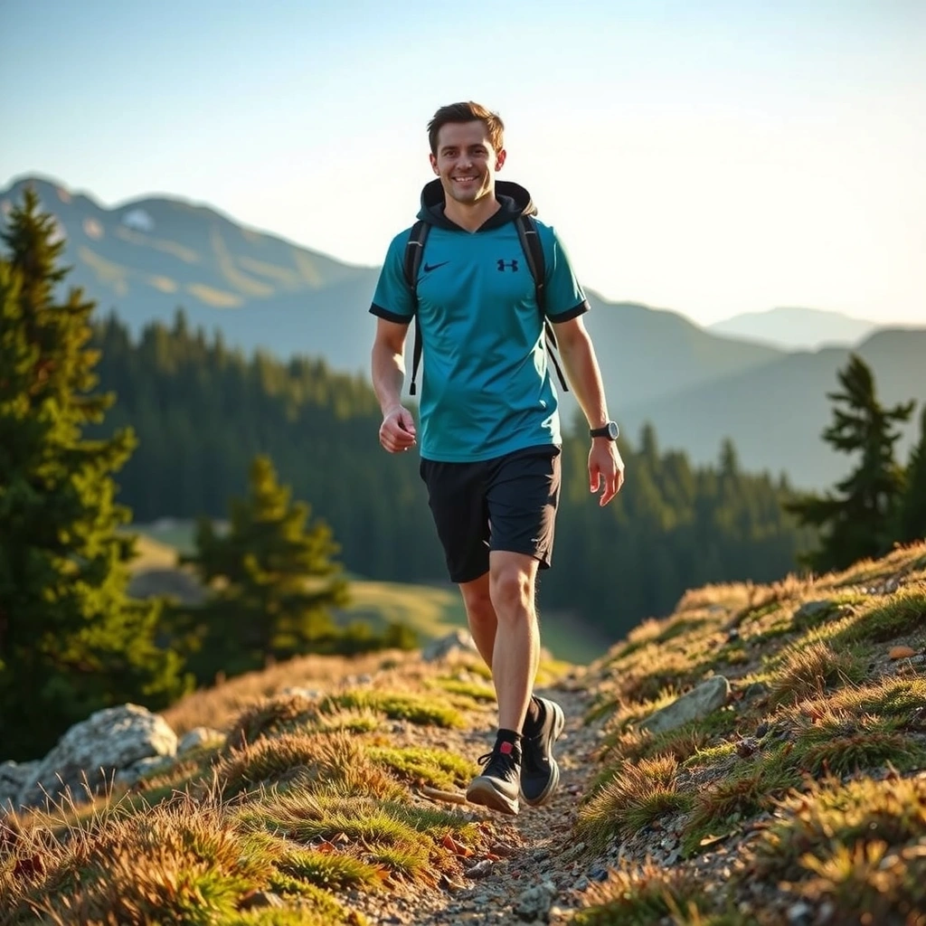 Active man hiking through nature trails showcasing natural energy and vitality