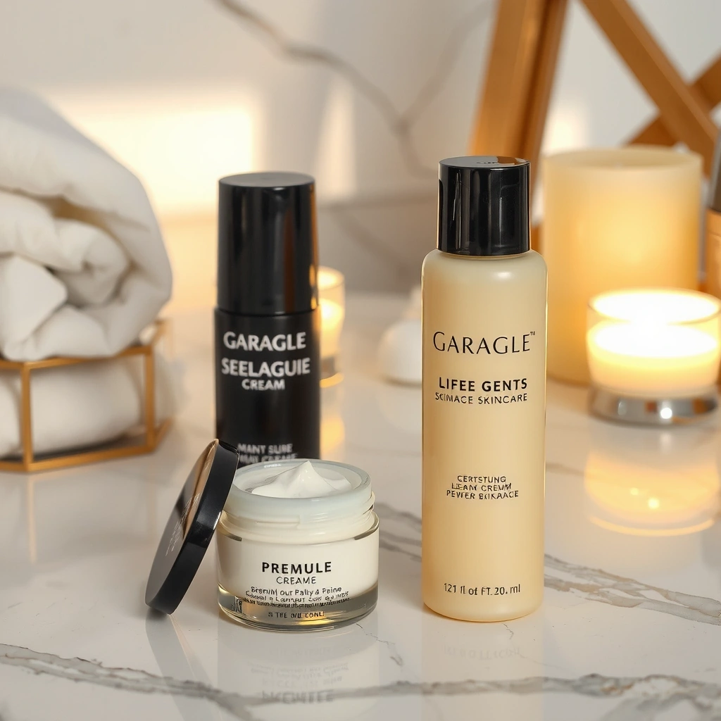 Luxurious skincare products with soft lighting and cream textures